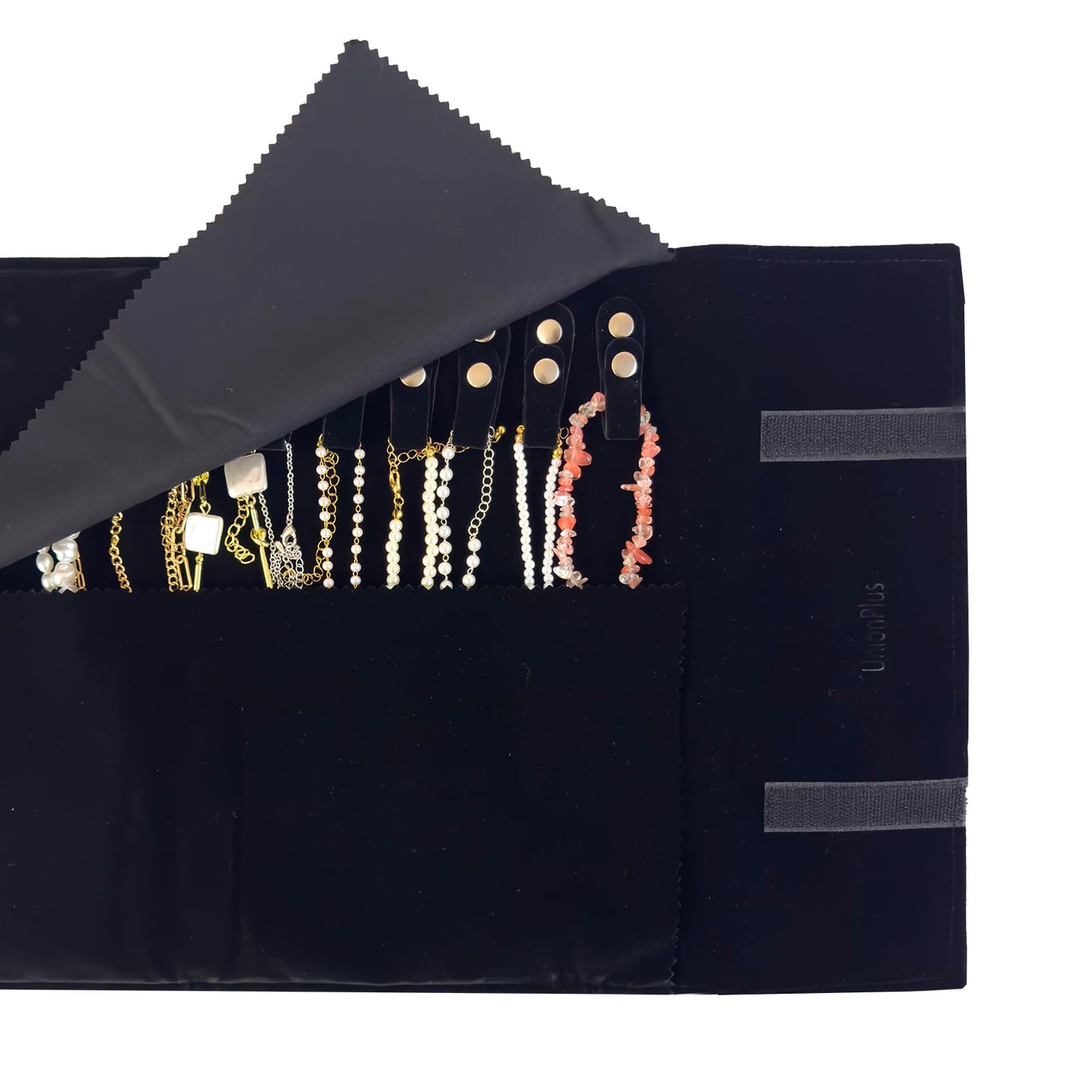 UnionPlus Velvet Travel Jewelry Roll Bag Organizer for Necklace, Elastic Band and Anti-winding, Black