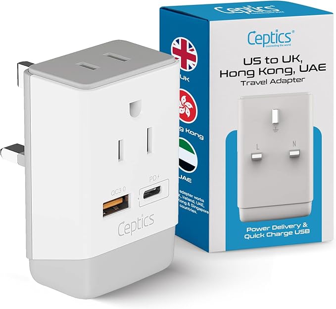 Ceptics UK Ireland Hong Kong Plug Adapter, International Power Plug with USB & USB-C - 2 USA Socket, QC 3.0 & PD - Type G Outlet Adapter for USA to British England Scotland London - Fast Charging