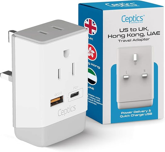 Ceptics UK Ireland Hong Kong Plug Adapter, International Power Plug with USB & USB-C - 2 USA Socket, QC 3.0 & PD - Type G Outlet Adapter for USA to British England Scotland London - Fast Charging
