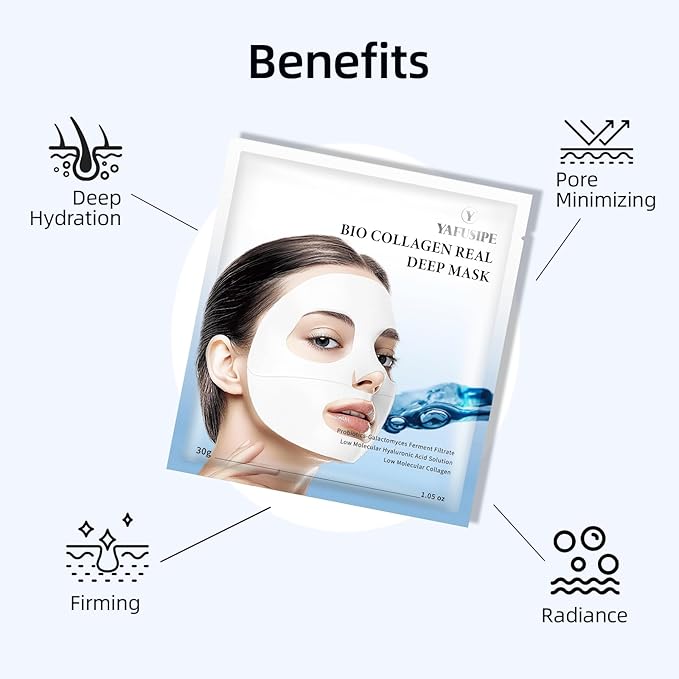 Collagen Face Mask Bio-Collagen Hydrating Hydrogel Face Mask for Skin Care Facial Sheet Masks for Wrinkle Lifting Peptide Beauty Overnight Sheets Pack Deep Hydration Glowing Glass Skincare 30g x 4ea