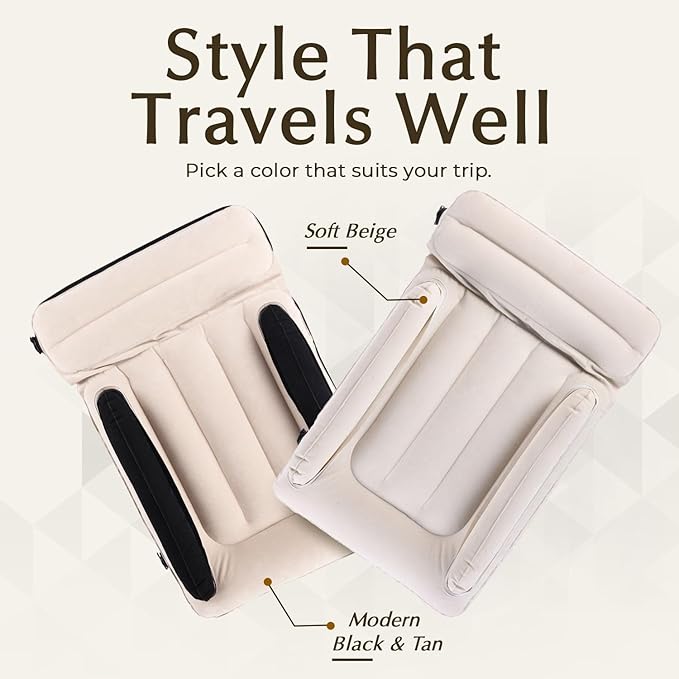 Luxury Toddler Airplane Bed – Travel Bed Seat Extender for Kids with Carry Bag, Air Pump, Pillow & Blanket – Portable Toddler Air Mattress, Travel Essentials for Airplane Seats (Beige)