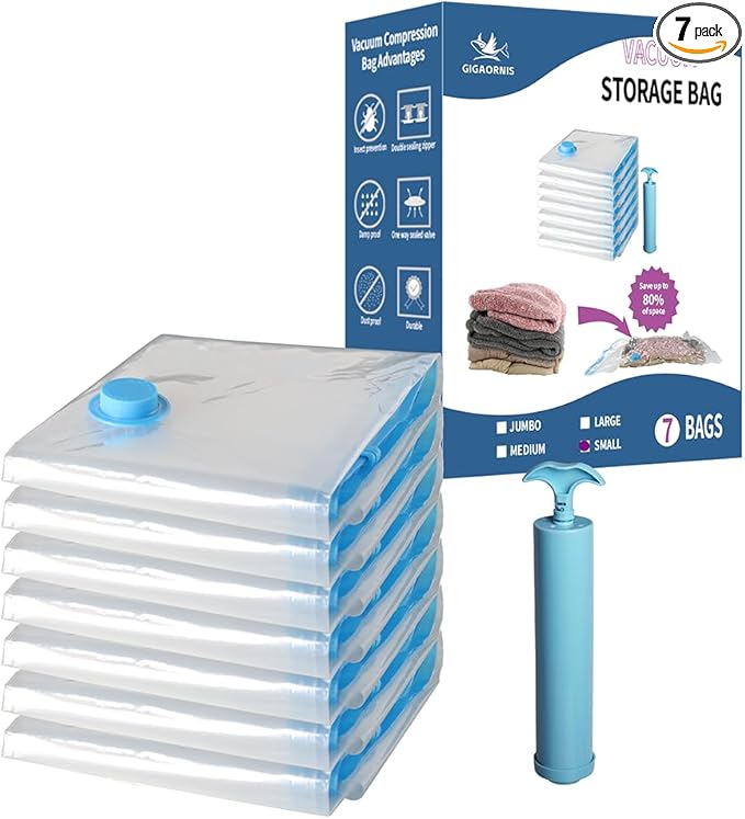 7 Pack Small Space Saver Vacuum Storage Bags for Clothing Travel, Vacuum Seal Compression Bags for Clothes, Packing, Luggage, Blankets, Comforters and Pillows, Hand Pump Included