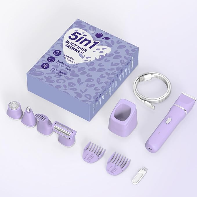 5-in-1 Bikini Trimmer for Women, IPX7 Waterproof Electric Razors Shaver, Cordless Body Hair Trimmer, Facial & Pubic Hair Removal, Ceramic Blade (Light Purple)