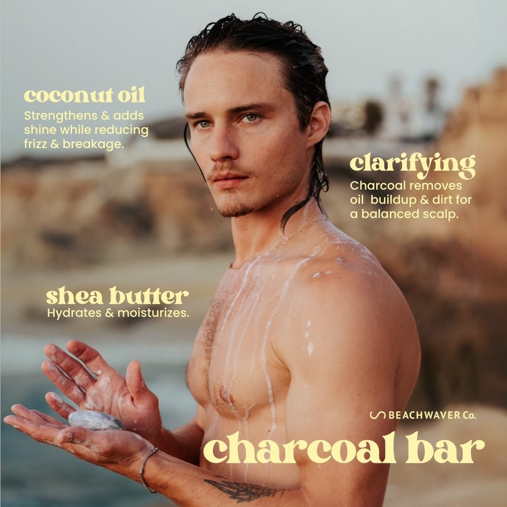 Beachwaver Charcoal Shampoo Bar | Clarifying, Sustainable Shampoo Bar with Organic Coconut Oil & Shea Butter for Hydrated Hair & Healthy Scalp | Fragrance-Free, Vegan, Easy for Travel