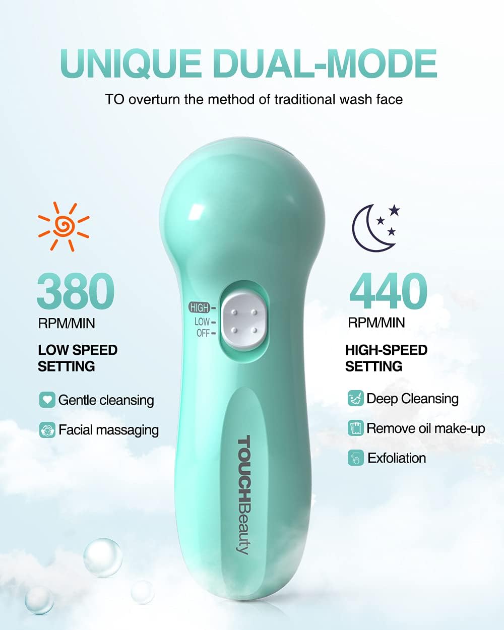 Electric Facial Cleansing Brush for Women, 3-in-1 Face Cleanser and Exfoliator Brush with 3 Brush Heads, 2 Speeds, Waterproof Spin Brush, Portable Travel Case (Green, Battery Operated)