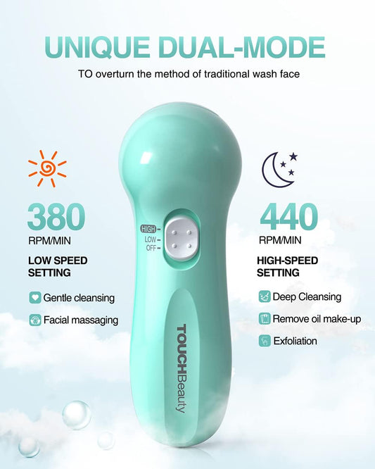 Electric Facial Cleansing Brush for Women, 3-in-1 Face Cleanser and Exfoliator Brush with 3 Brush Heads, 2 Speeds, Waterproof Spin Brush, Portable Travel Case (Green, Battery Operated)