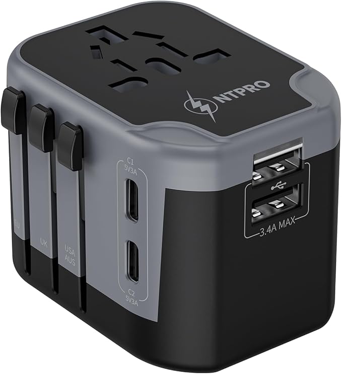 5 in 1 Universal Travel Adapter-10A | International Power Adapter with 2 USB C, 2 USB A Ports | 3.4A & 2400W Fast Portable Charger | Travel Adapter Worldwide Covering 200+ Countries- Black