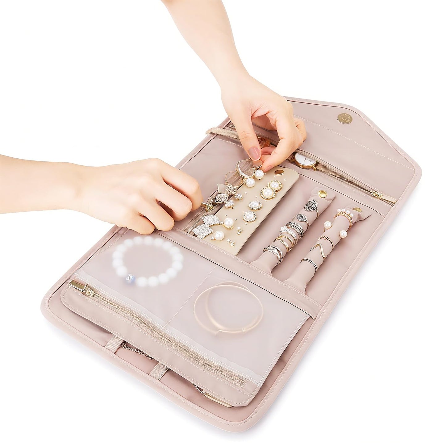 TxufrDo Travel Jewelry Case Organizer Roll Foldable Jewelry Case for Journey-Rings Necklaces Earrings Bracelets Brooches Portable Travel Essentials Pink