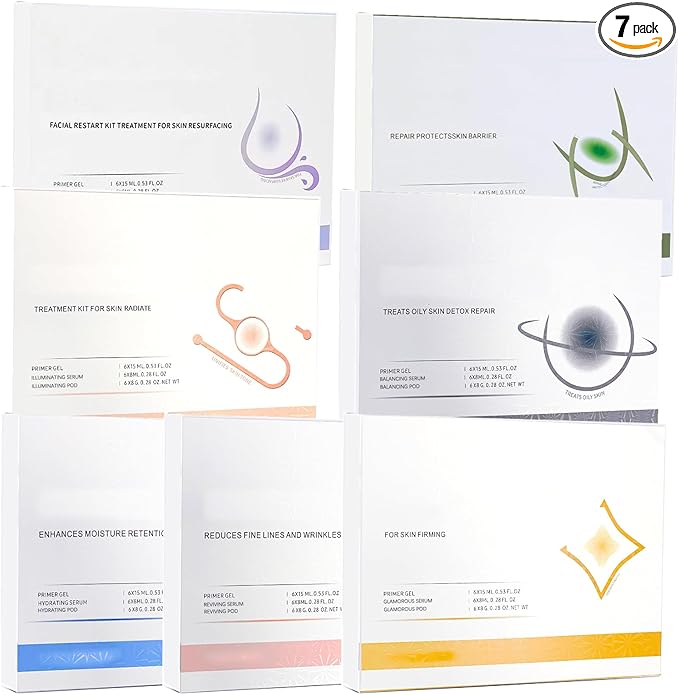 7 Set Facial Serum Pods Kit for CO2 Oxygen Facial Machine, Beauty Salon and Home Spa Day, Facial Pods Set, 6 Pods+6 Prime Gel+6 Serum, Radiant, Detoxifying, Control Oil, Hydrating, Rejuvenate, Firming