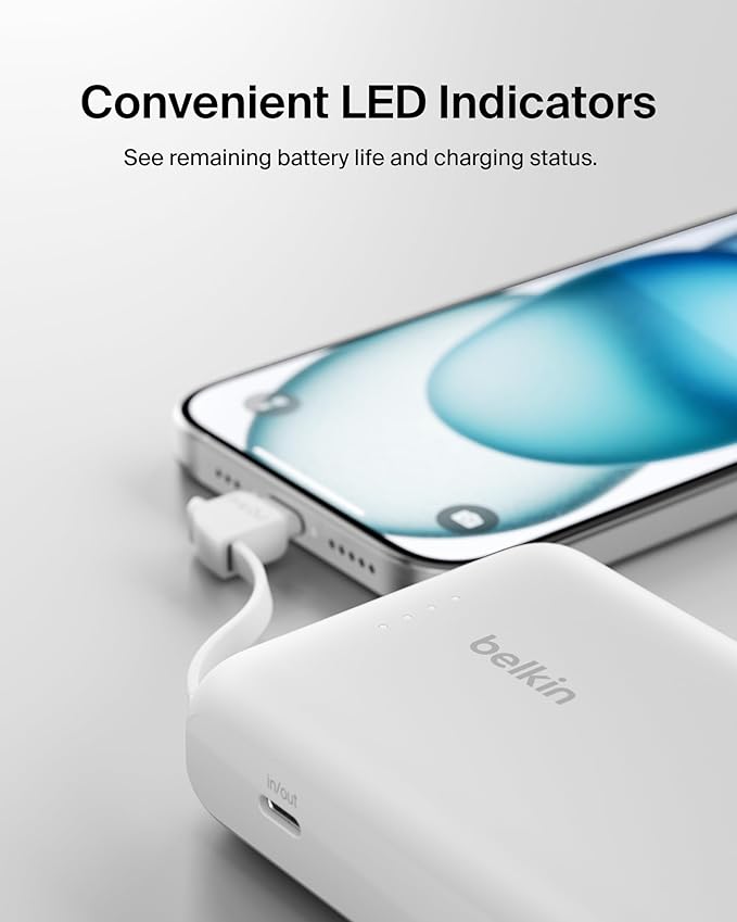 Belkin Portable Charger, Power Bank with Integrated Cable 10000 mAh 20W - Fast Charge USB C Power Delivery, iPhone Charger - iPhone 17, Air, Pro, Pro Max, iPad, Galaxy S25, & More - White