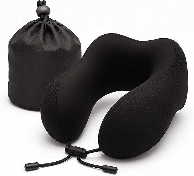 Neck Pillow for Traveling Neck Support with Cooling Ice Silk Cover, High-Density and Relatively Hard Support Machine Washable and Travel-Friendly U-Shaped Memory Foam Pillow for Airplane, Car(Black)