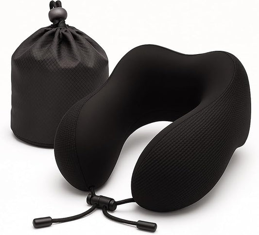 Neck Pillow for Traveling Neck Support with Cooling Ice Silk Cover, High-Density and Relatively Hard Support Machine Washable and Travel-Friendly U-Shaped Memory Foam Pillow for Airplane, Car(Black)