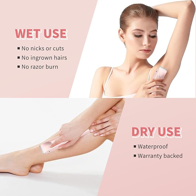2-in-1 Electric Shaver & Bikini Trimmer for Women - Painless Hair Removal for Body, Face & Bikini, Hypoallergenic, IPX7 Waterproof, Cordless Wet/Dry for Shower & Travel (Pink)