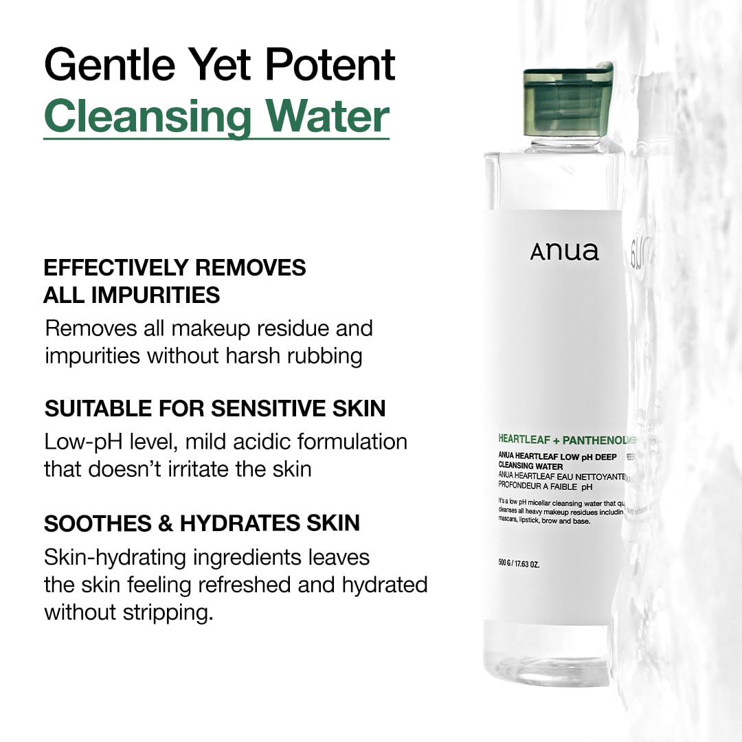 ANUA Heartleaf Low pH Deep Cleansing Water, Micella Water, Panthenol, Squalane, Makeup Remover for Sensitive Skin, Korean Skin Care (500g, 17.63 oz.)