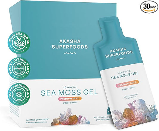 Akasha Superfoods Irish Sea Moss Gel, Liposomal Seamoss with Irish Sea Moss, Vitamin E, Citrus, Organic Vanilla, Glycerin, Skin, Energy & Gut Health Support for Women & Men, Sweet Citrus Flavor, 30 Ct