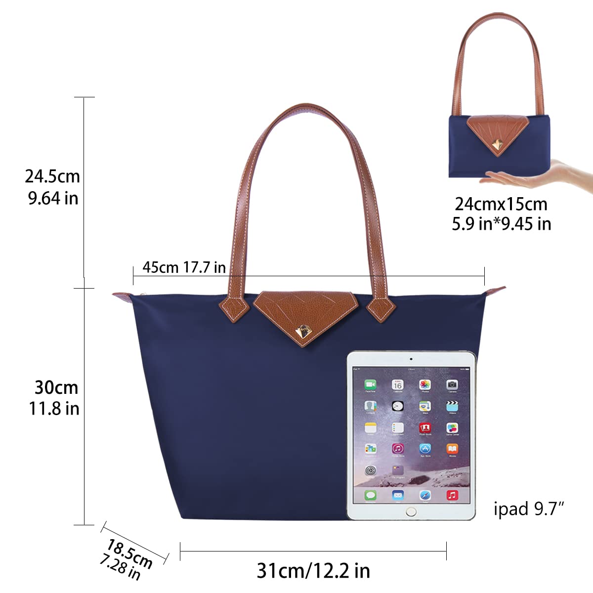 BOJLY Women Tote Bag,Stylish Waterproof Nylon Ladies Shoulder Bag, Folding Beach Travel Bag for Work,Shopping,Blue Large