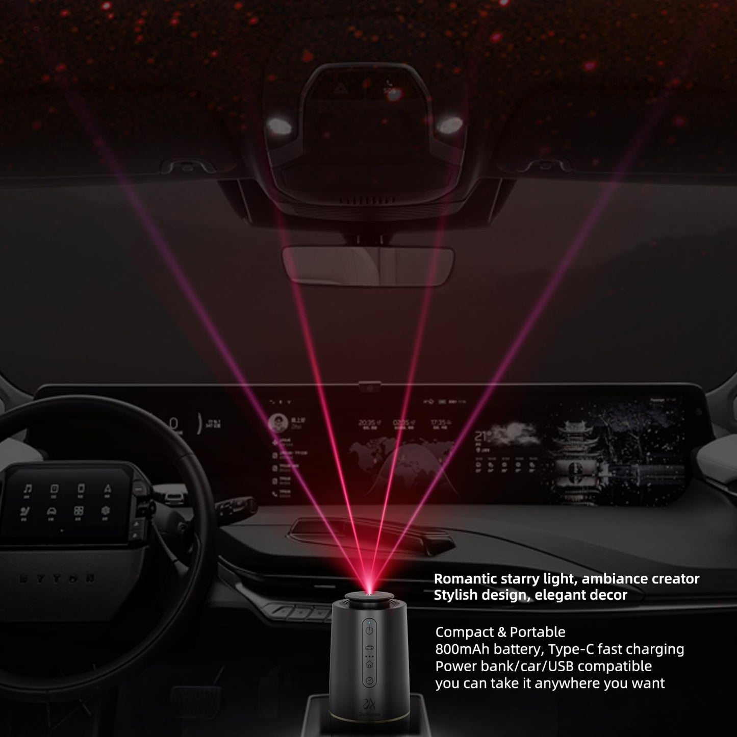 2ndAroma Waterless Oil Diffuser, Portable Car Diffusers for Essential Oils, Wireless Diffusers with 3 Mist Levels & Timer, ABS Material, Starry Night Light for Car Home Office, Includes 3 Scent Oils