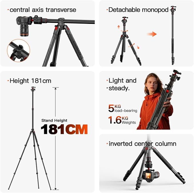 COMAN 72" Overhead Tripod, Camera Tripod with Center Column and 360 Degree Ball Head, Detachable Monopod with Arca QR Plate, Horizontal Tripod for Camera, DSLR, Max Load 5KG