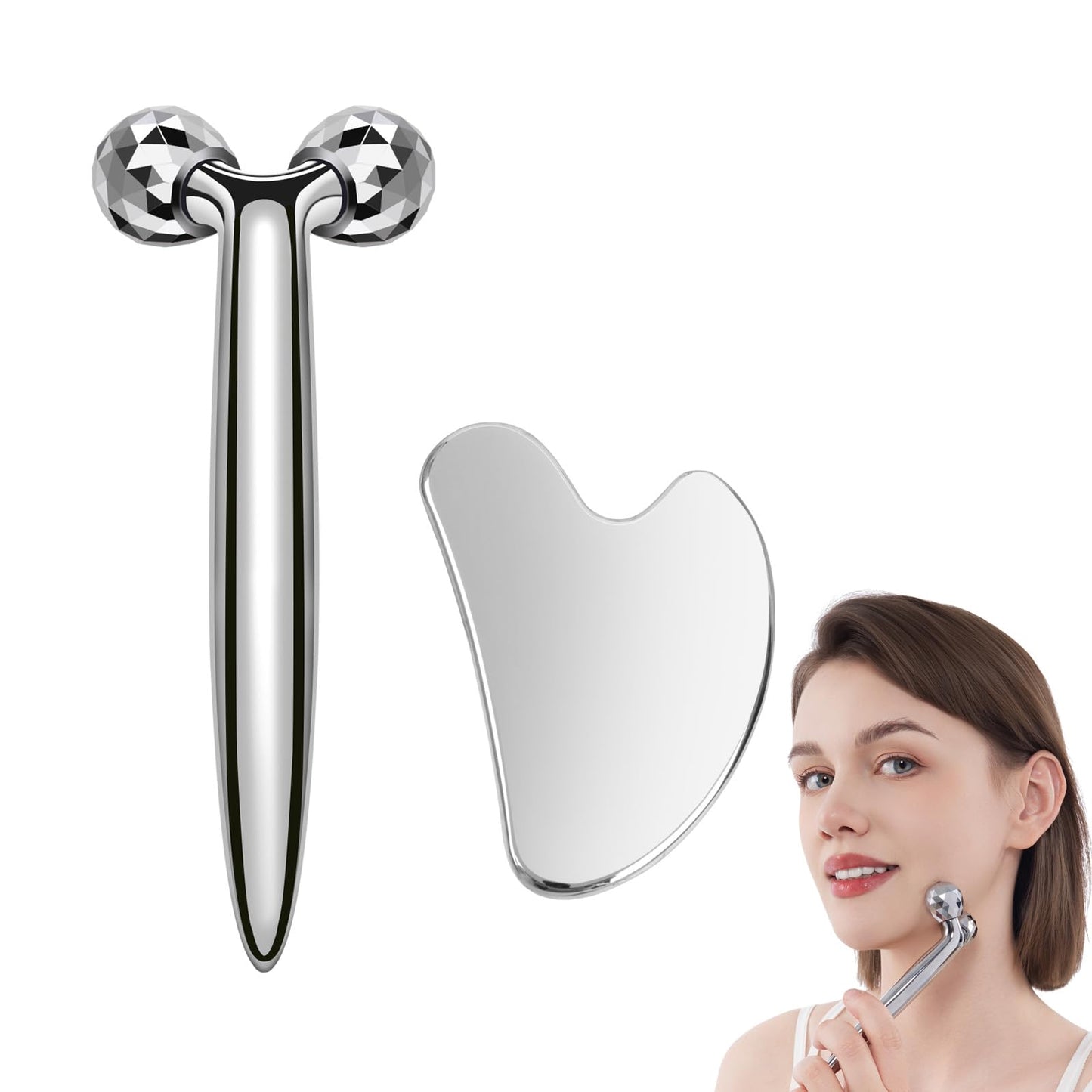 InfiniteRelax 3D Gua Sha Facial Tools Metal Face Roller Stainless Steel Gua Sha Set Cooling Massage Tools for Reduce Puffiness, Firm Skin, Anti-Aging Care - Daily Facial Sculpting Gift for Women