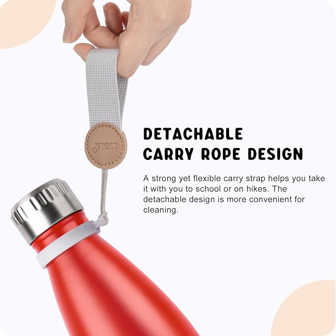 Kids Water Bottle 12 oz Stainless Steel Double Wall Vacuum Insulated Water Bottle for School- Reusable Metal Travel Flask for Girls-Leak Proof and BPA Free (Red)