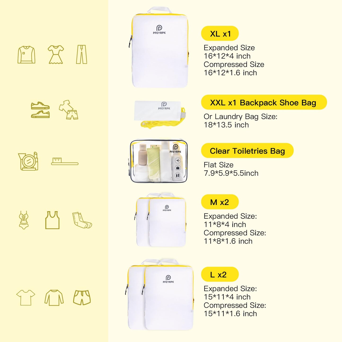 PFEYRPK Lightweight Compression Packing Cubes for Suitcases, Compressible Expandable Travel Packing Organizer with Clear Toiletries and Backpack Bag, Travel Essentials for Carry on Luggage 7 Set
