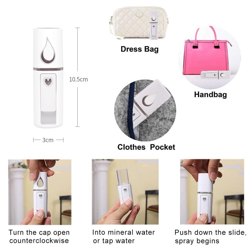 2 Pack Nano Facial Mister 20ml Mini Face Humidifier Portable Facial Sprayer USB Rechargeable Handy Skin Care Machine Moisturizing & Hydrating for Face, Makeup, Eyelash Extensions (White + White)