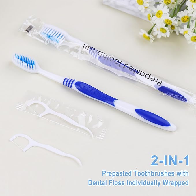 50 Prepasted Disposable Toothbrushes with Dental Floss Individually Wrapped Pre Pasted Toothbrushes Soft Bristle Travel Tooth Brush Single Use Wrapped for Hotel, Camping, Travel, Homeless