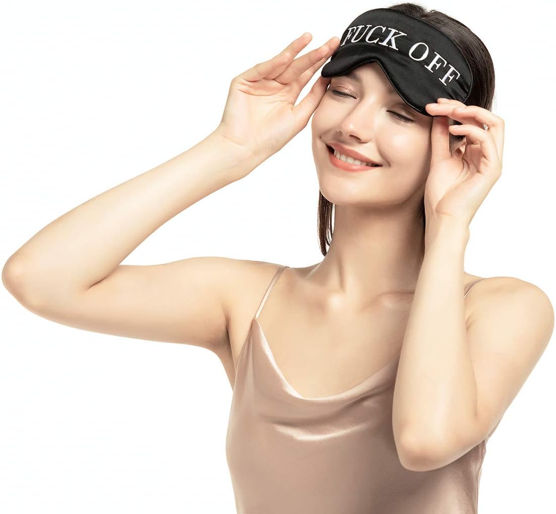 NMM Global 100% Mulberry Silk Sleep Mask Blackout, Cute Natural Sleeping Mask with Adjustable Elastic Strap, Satin Eye Cover for Men Women Adults (Fuck Off)