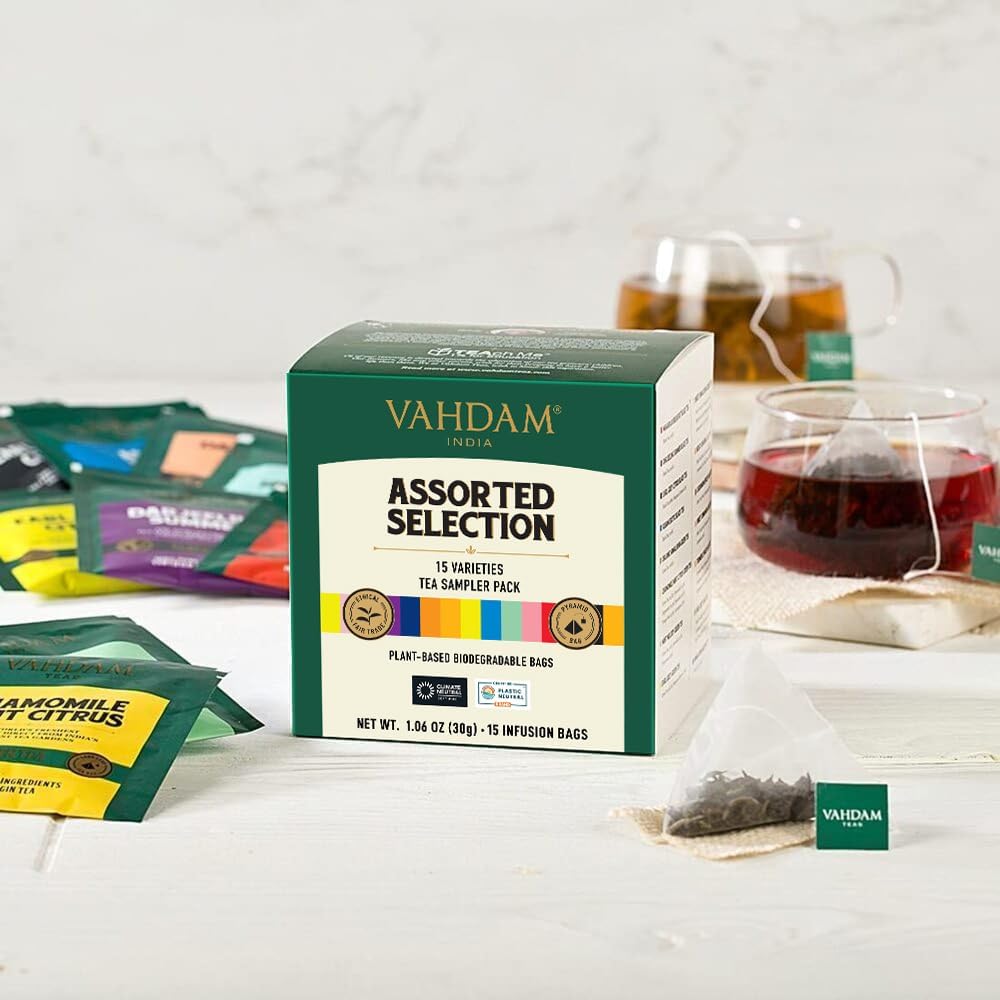 VAHDAM, Assorted Tea Sampler (15 Different Variety in Individually Wrapped Pyramid Tea Bags) Long Leaf Premium Teas I Teas Gift Set I Ideas for Tea Lovers | Gifts for Women & Men