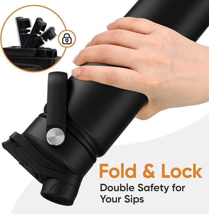 24 oz Insulated Water Bottle, 2-in-1 Lid, Straw & Spout with Protected, Leak Proof, Keep Cold, Stainless Steel, Metal, Reusable, Handle, for Travel, Gym and School, 2 Lids, Midnight Black