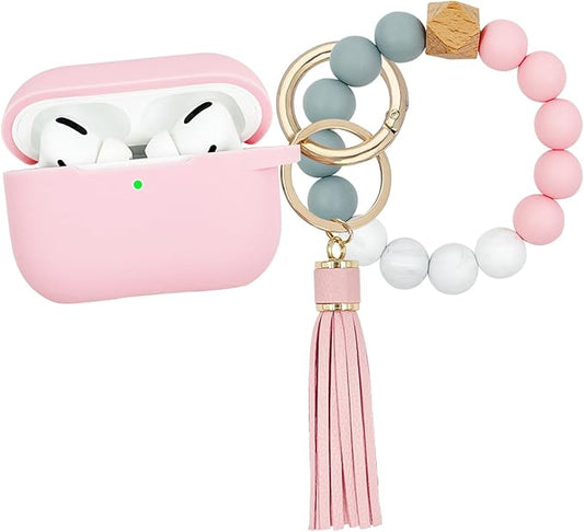 Compatible with Airpods Pro Soft Silicone Case Cover with Bracelet Keychain for Apple Airpod Pro 1st Generation Case for Women (Pink)