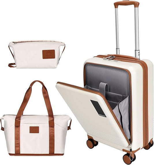20 inch Small Carry On Luggage Front Open with Laptop Pocket, ABS+PC Hard Shell Suitcase with Spinner Wheels TSA Lock & YKK Zipper, 20in/Toiletry Bag/Handbag, Apricot Off White