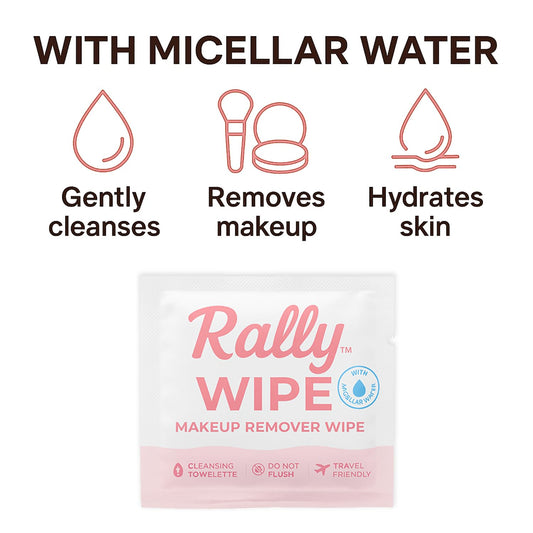 Rally Wipes – Mess-Free Individually Wrapped Makeup Remover Wipes with Micellar Water, Vitamin E, Aloe – Individually Wrapped for Travel, Gym, Car & Purse (30 Count)