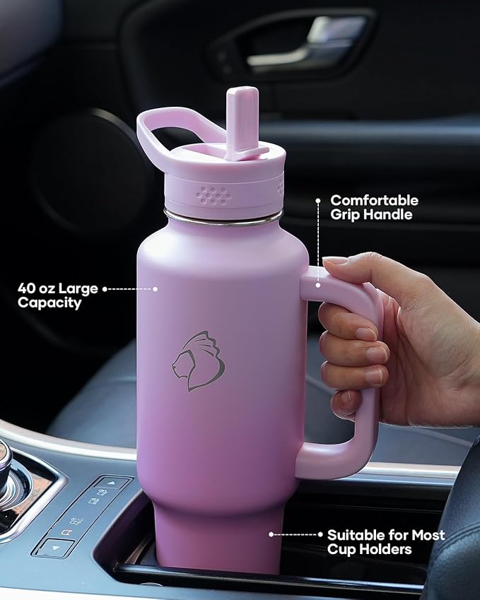BUZIO 40 oz Water Bottle Fits in Cup Holder, Insulated Tumbler with Handle, Water Flask with Lid for Cold Hot, Sweat-Proof Wide Mouth Travel Mug for Sports, Gradient Purple