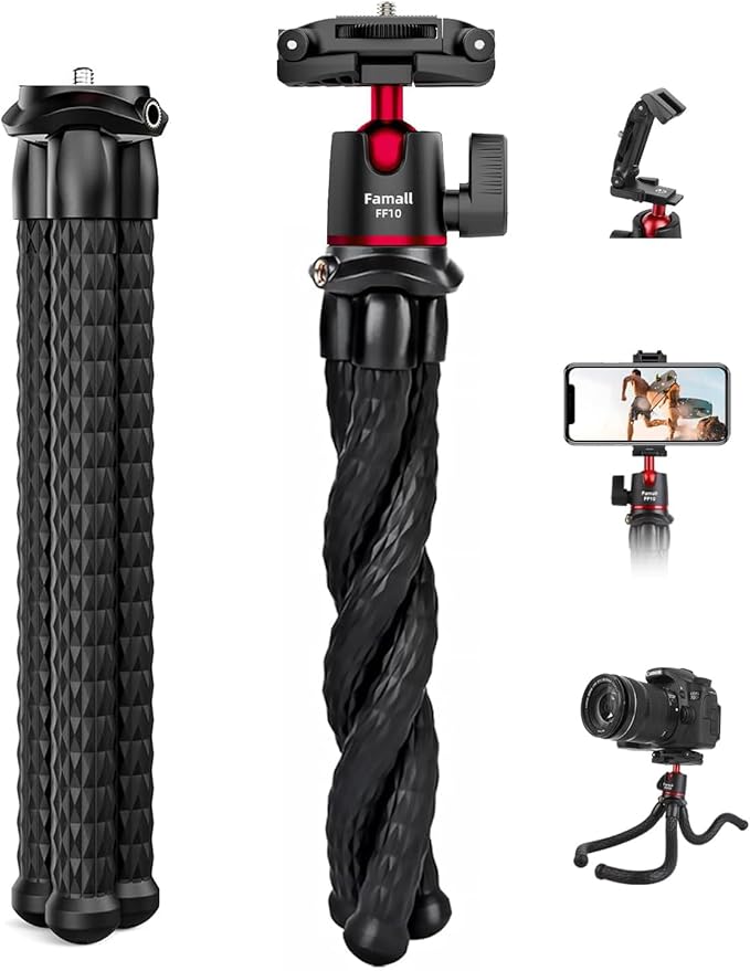 Camera Tripod, Famall Flexible Tripod Stand for Phone with Cold Shoe Phone Mount for iPhone Canon Nikon Sony Cameras