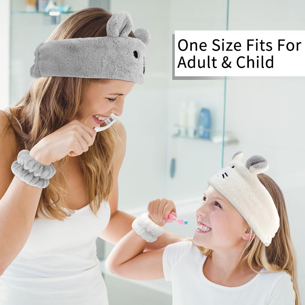 AHONEY Face Wash Headband and Wristband Set, Cute Makeup Spa Skincare Headbands Wrist Bands for Washing Face Headband for Women Girls Elastic Animal Hair Band (White&Grey)