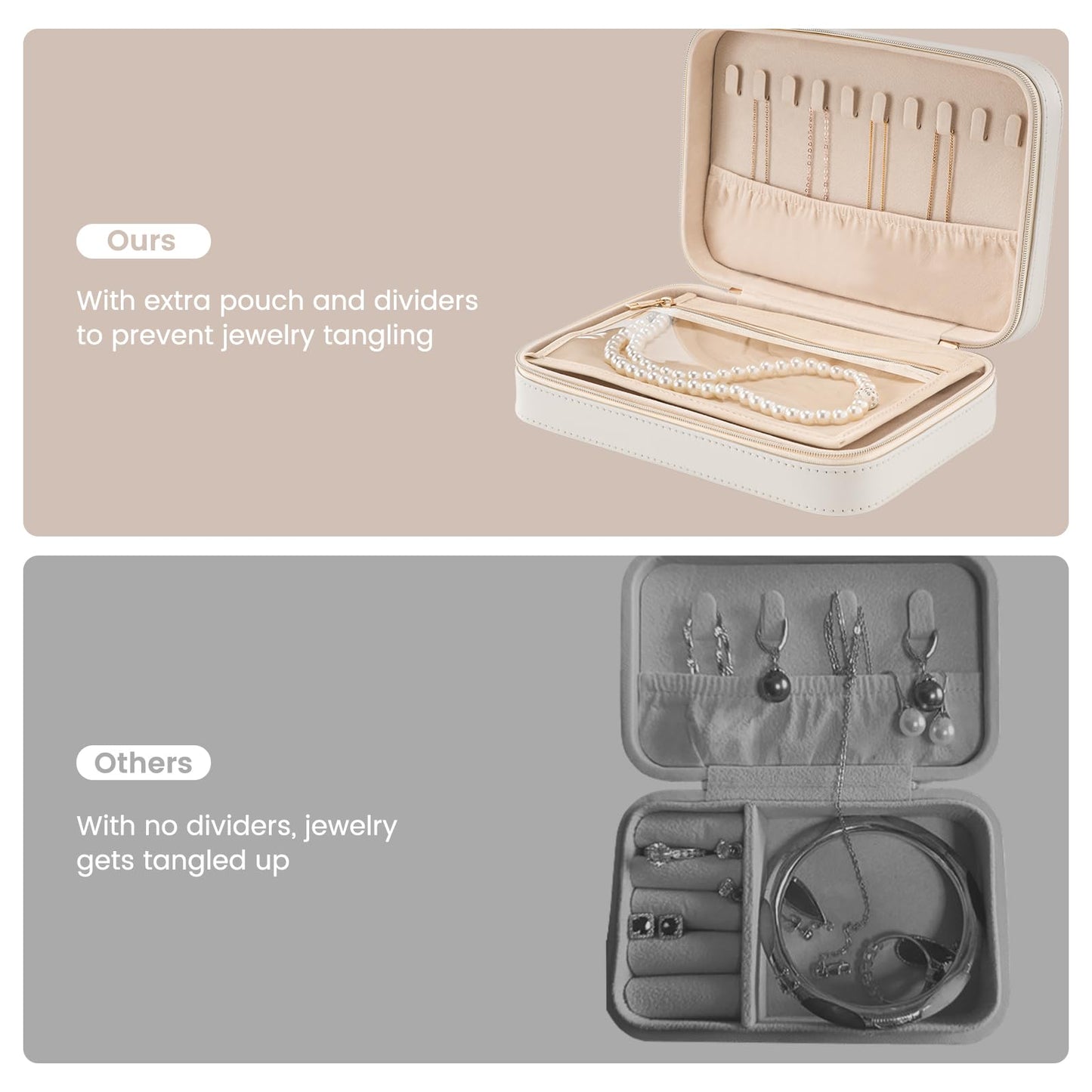 Lolalet Travel Jewelry Case for Women, Travel Jewelry Organizer Box with Mirror & Clear Storage Bag, Small Portable Traveling Earring Necklace Bracelet Ring Case, Bridesmaid Gifts -Medium, White