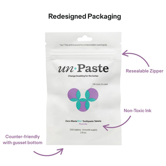 Unpaste Toothpaste Tablets, New Formula, Fluoride Mint, Xylitol Free, Vegan, Plastic Free, Travel-Friendly, Resealable Packet, 250ct, 4 Month Supply