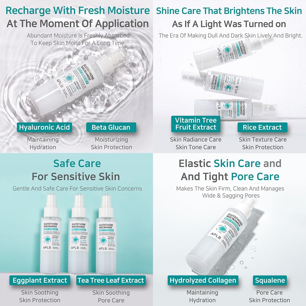 APLB Glutathione Niacinamide Mist Essence | LIPO GLUTA NIAC CEN™ 22.6% 3.55 FL.OZ/Korean Skincare, Replenishing moisture, Revitalize for gentle and improve skin texture through Niacinamide