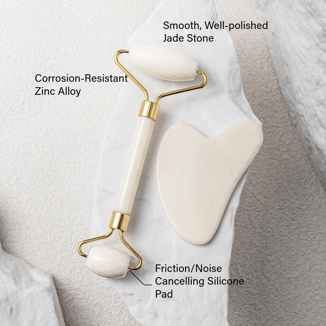 Gua Sha Facial Tools & Jade Roller for Face, Eye & Neck Skin Care, 100% Natural Jade Stone Face Roller Gua Sha Massage Tool, Eye Roller for Puffy Eyes, Facial Self Care Kit for Women (White)