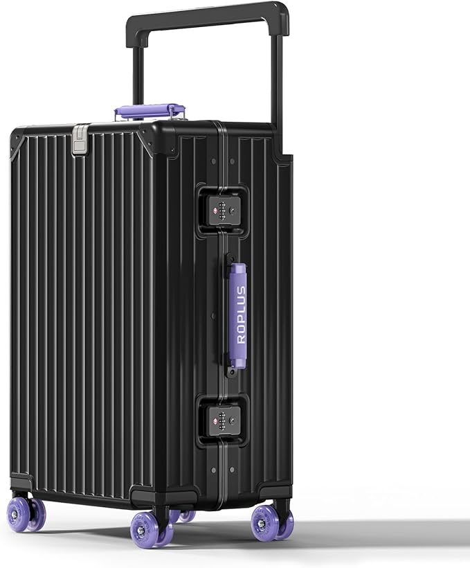 Aluminium Frame Checked-Luggage with Smooth Jelly Wheels, Hardside Zipperless Rolling Suitcase with TSA Lock (BlackPurple, 24-Inch)