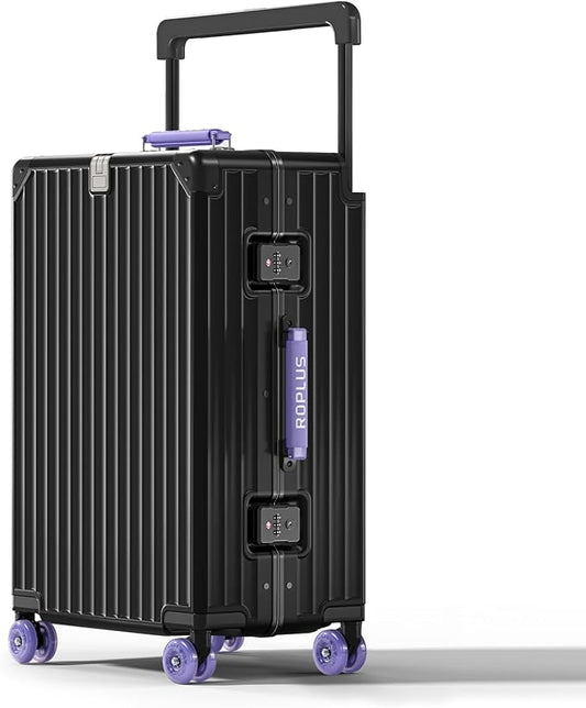 Aluminium Frame Checked-Luggage with Smooth Jelly Wheels, Hardside Zipperless Rolling Suitcase with TSA Lock (BlackPurple, 24-Inch)