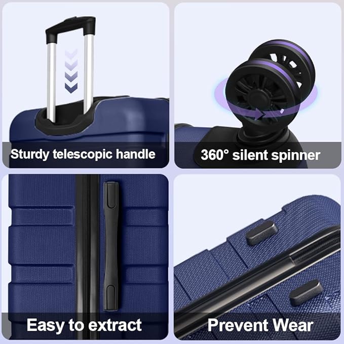 AnyZip Luggage Set 5 Piece PC ABS Hardshell Lightweight Suitcases for Travelling with 4 Universal Wheels TSA Lock Carry on Suitcase Dark Blue
