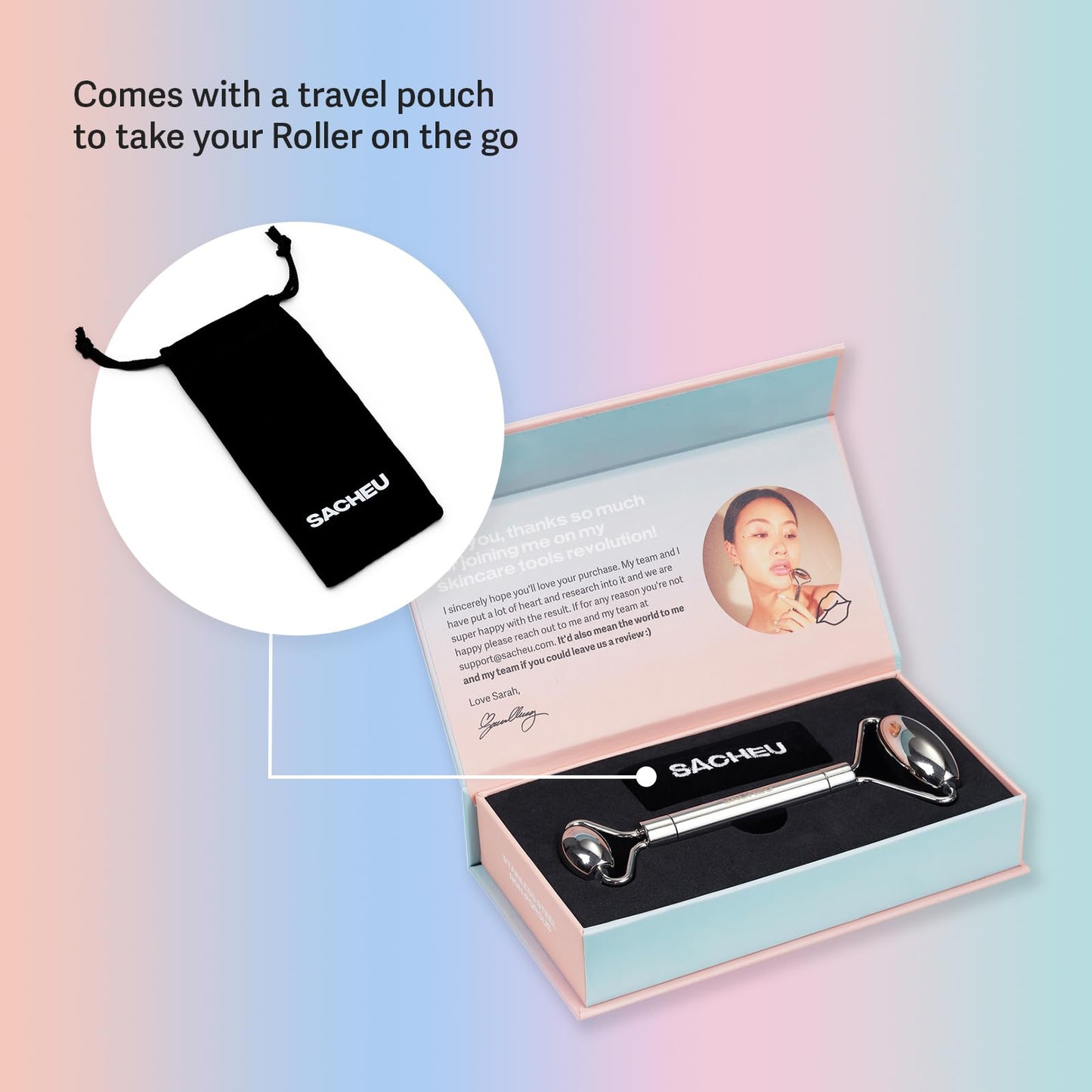 Sacheu Stainless Steel Face Roller Skin Care and Lymphatic Drainage — Cooling Metal Roller for Puffiness, Wrinkles, and Face Lifting, Dual-Sided Facial and Eye Massager with Travel Pouch