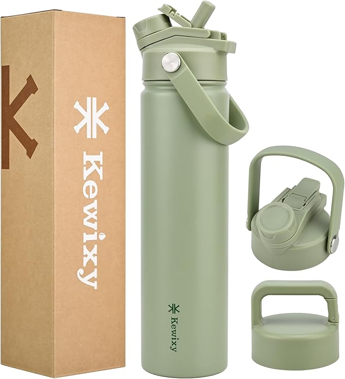 24 oz Insulated Water Bottle, 2-in-1 Lid, Straw & Spout with Protected, Leak Proof, Keep Cold, Stainless Steel, Metal, Reusable, Handle, for Travel, Gym and School, 2 Lids, Sage Green