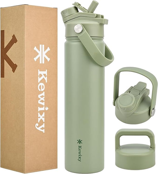 24 oz Insulated Water Bottle, 2-in-1 Lid, Straw & Spout with Protected, Leak Proof, Keep Cold, Stainless Steel, Metal, Reusable, Handle, for Travel, Gym and School, 2 Lids, Sage Green