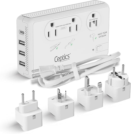 Ceptics Voltage Converter for Travel, 220V to 110V Converter w/Type C, E/F, G, I Plugs, 2000W Outlet for Hair Dryers, 4 USB w/ 1 USB-C PD 18W Fast Charge, for Curling Iron, Straightener, Chargers
