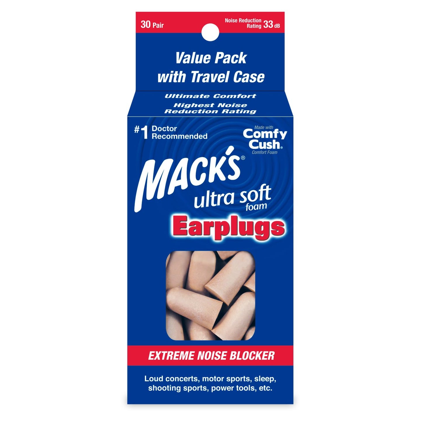 Mack's Ultra Soft Foam Earplugs, 30 Pair - 33dB Highest NRR, Comfortable Ear Plugs for Sleeping, Snoring, Travel, Concerts, Studying, Loud Noise, Work | Made in USA