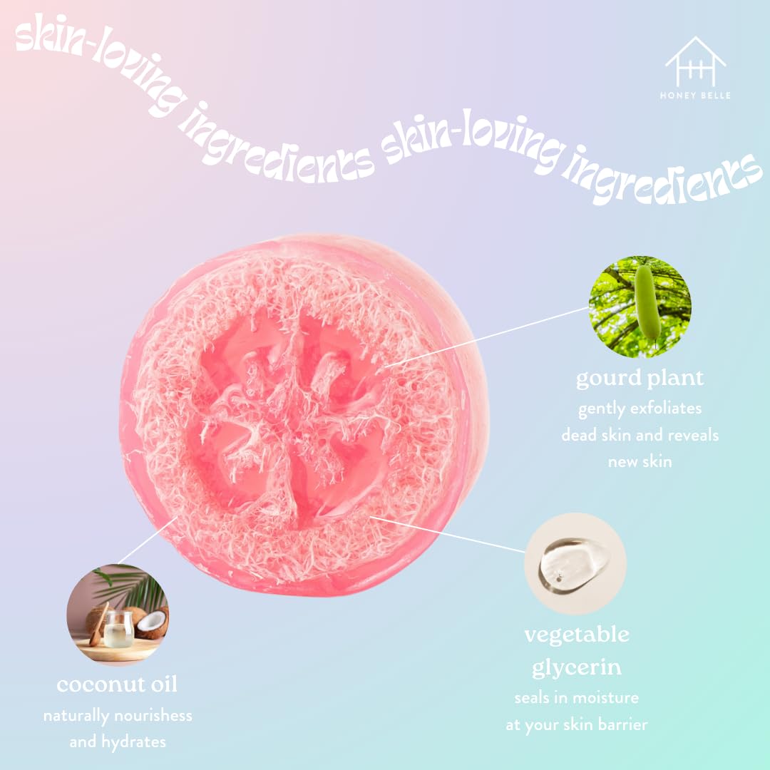 Honey Belle Exfoliating Loofah Soap 3-Pack Floral - Exfoliating Bar Soap with Loofah Inside - Cleansing, Moisturizing, Nourishing, Scrubby Soap - Plant-Based, Eco-Friendly, Vegan, Cruelty-Free
