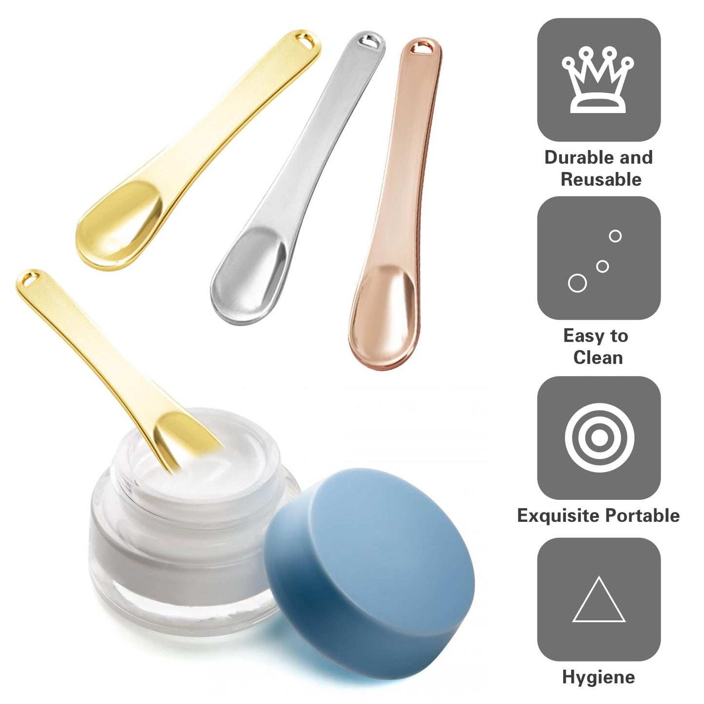 LJHYSD 3 Pack Metal Cosmetic Spatulas,Mini Makeup Spoon,Eye Cream Applicator,Facial Cream Mask Scoop Tool,Beauty Spatulas for Facial Cosmetic Face Mask(Gold, Silver, Rose Gold)